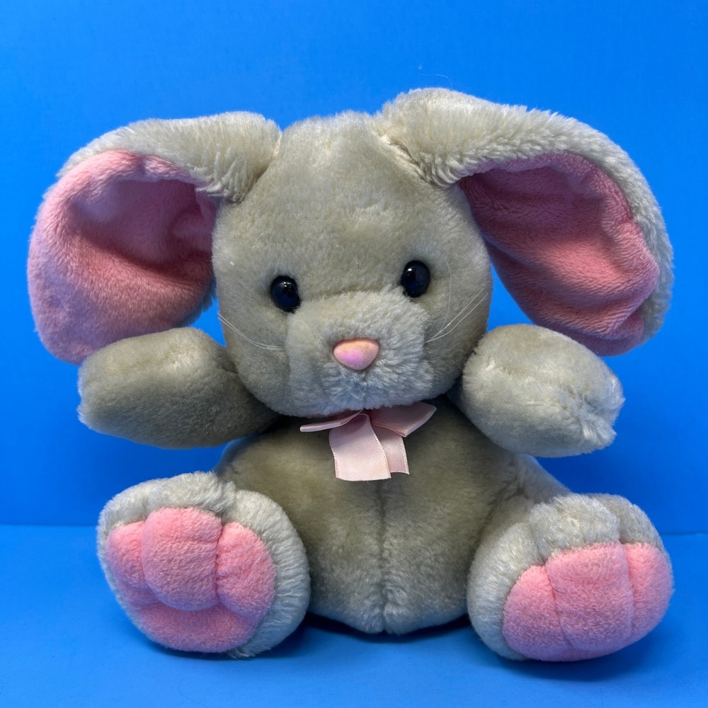 Commonwealth Bunny Rabbit Plush 9 Inch Grey Pink Floppy Ears Vintage 1988 Toy